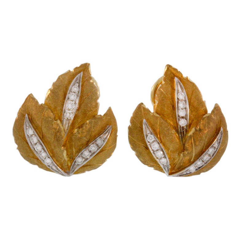 Buccellati  Gold & Diamond Leaf Earrings For Sale