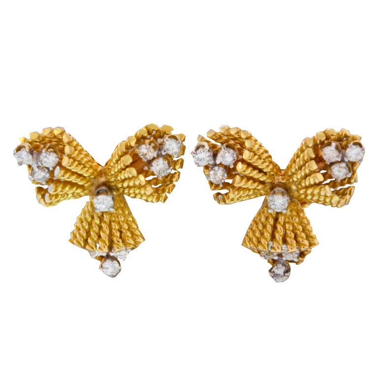 Tiffany & Co. Diamond & Gold Rope Bow Earrings For Sale