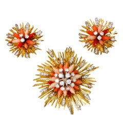 Retro Piaget Coral, Diamond & Gold Pin & Clip Earring Set