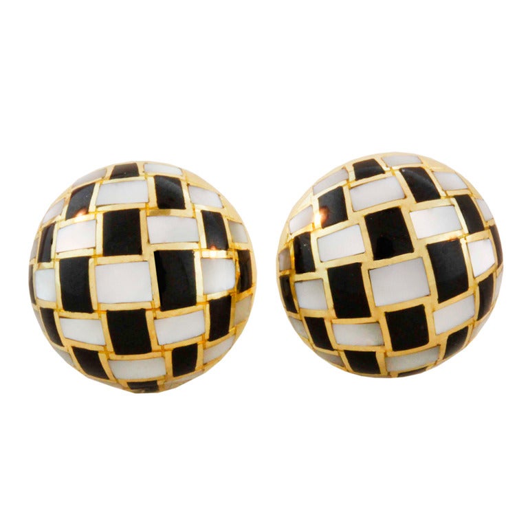 Tiffany Gold, Mother Of Pearl & Onyx Checkerboard Earrings