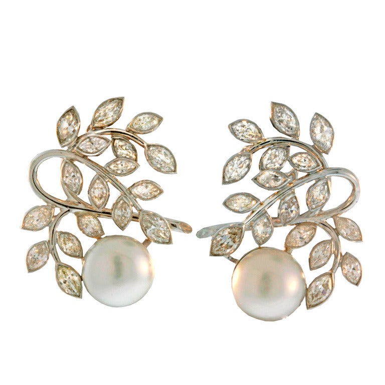 Van Cleef & Arpels 1950's Platinum, Diamond & Pearl Earrings