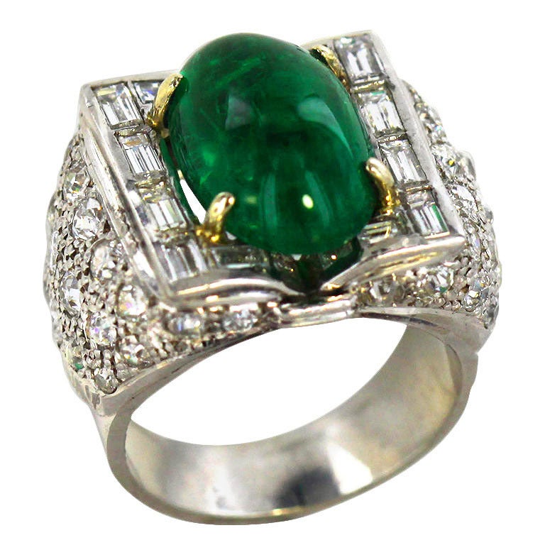 Dramatic Art Deco Emerald Diamond Platinum Ring at 1stdibs
