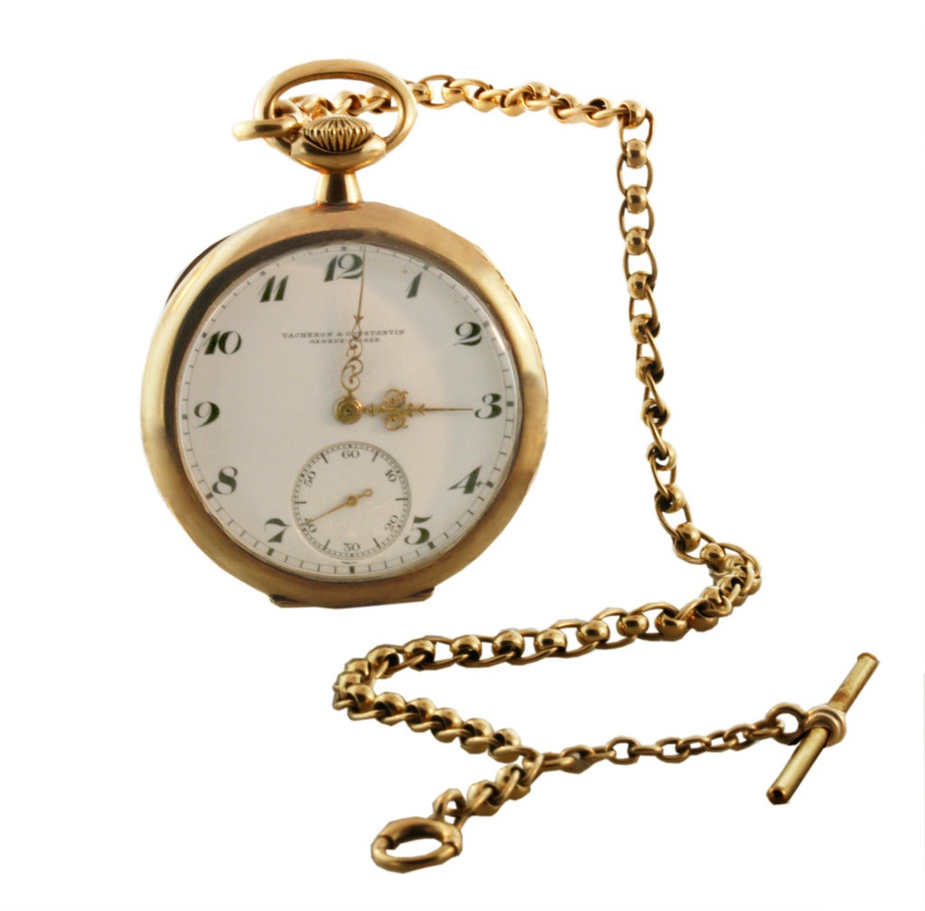 Vacheron & Constantin 14k yellow gold open face pocket watch, circa 1900, 45mm. Accompanied by a 14k yellow gold chain.