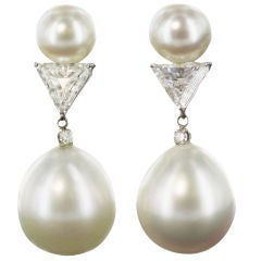David Webb Platinum, Diamond and South Sea Pearl Drop Earrings