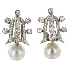 Vintage OSTIER 1950's Gold, Diamond and Pearl Drop Earrings