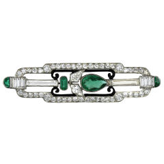 CARTIER Art Deco Platinum, Diamond & Emerald Brooch