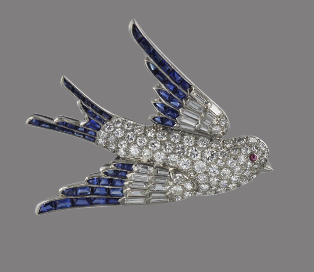 Fine 50's Platinum, Diamond and Sapphire Bird In Flight Brooch