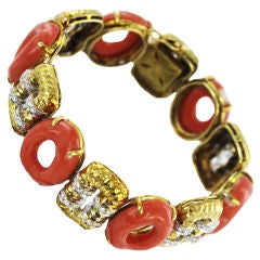 Hammered Gold Diamond and Coral Bracelet Hammered Gold Diamond and Coral Bracelet