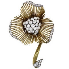 French Large Diamond and Gold Floral Brooch