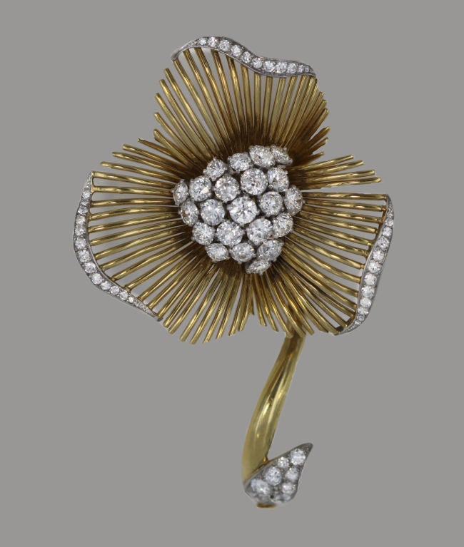 French Large Diamond and Gold Floral Brooch
