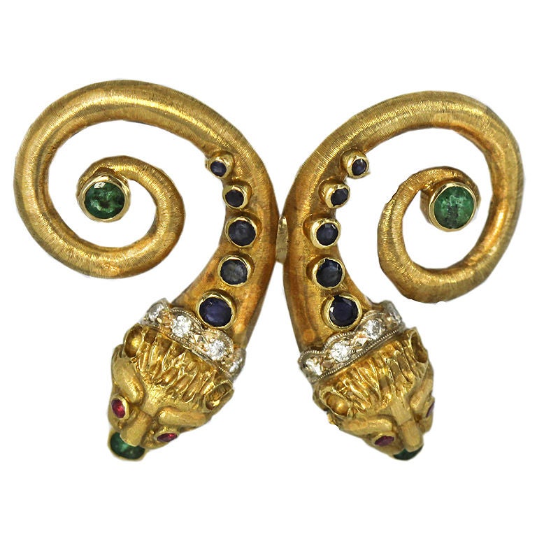 LALAOUNIS Diamond and Precious Stone Double Lion's Head Brooch at 1stDibs