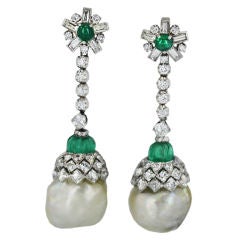 Art Deco Pearl Diamond and Emerald Earrings