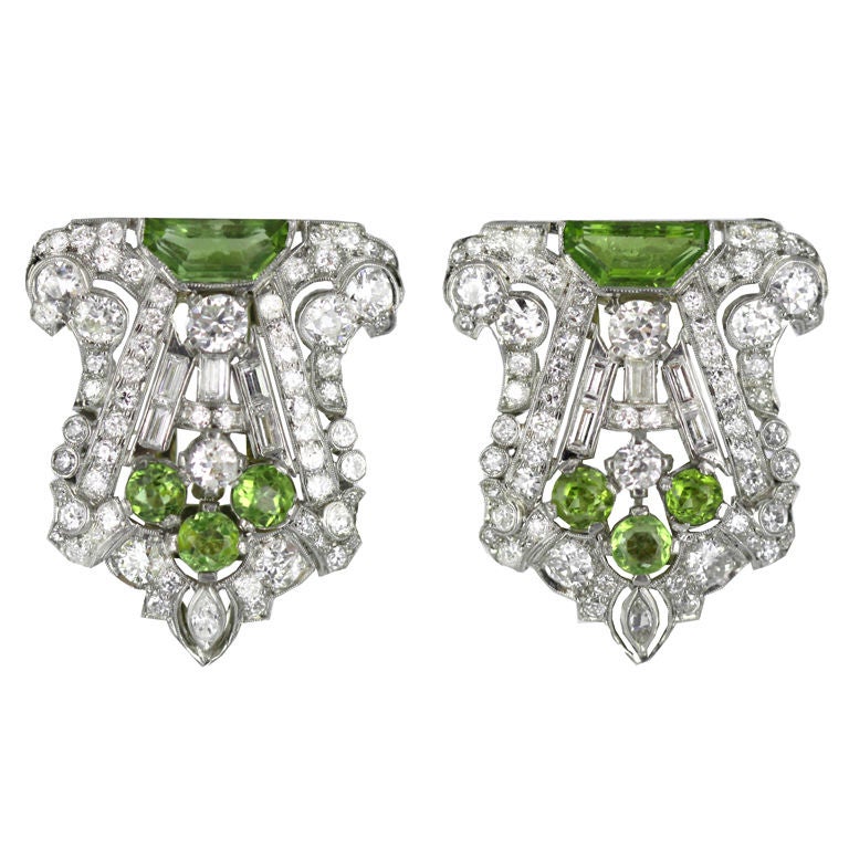 Pair of Art Deco Diamond and Peridot Dress Clips For Sale