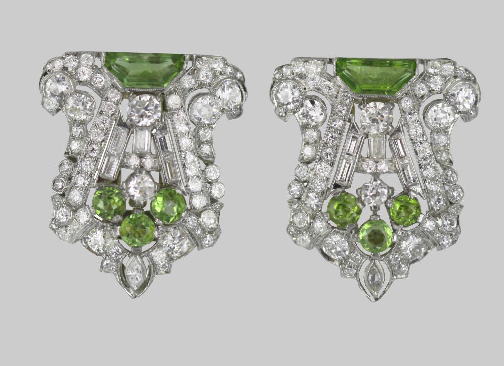 Pair of Art Deco Diamond and Peridot Dress Clips For Sale 2