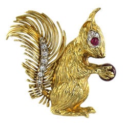 Vintage KUTCHINSKY Diamond Ruby and Gold Squirrel Brooch