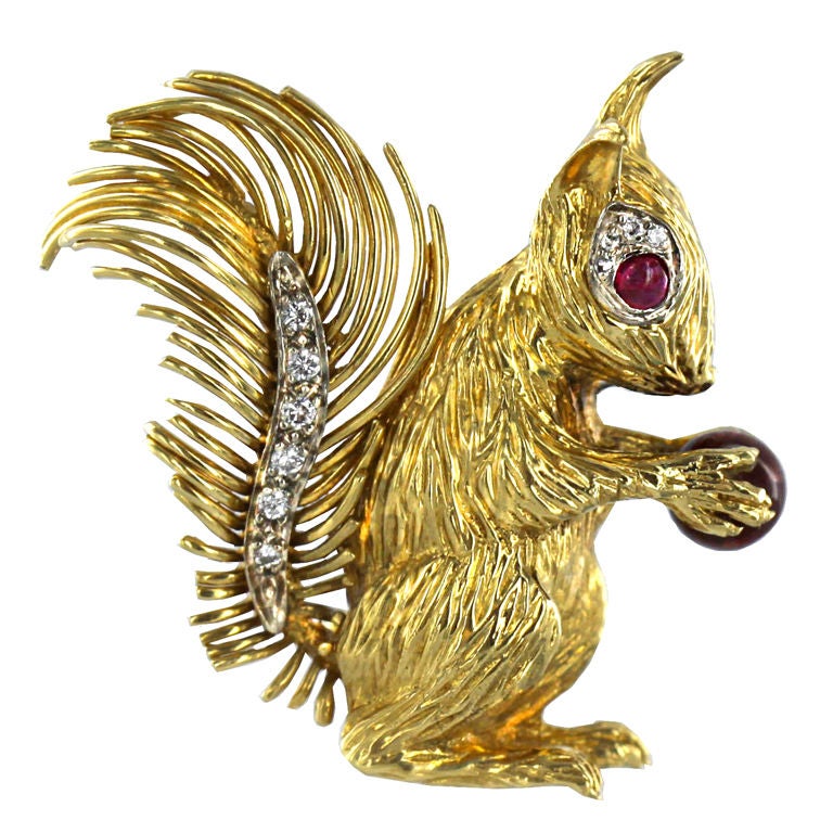 KUTCHINSKY Diamond Ruby and Gold Squirrel Brooch For Sale