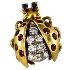 Vintage Charming Diamond Ruby & Sapphire Ladybug Brooch