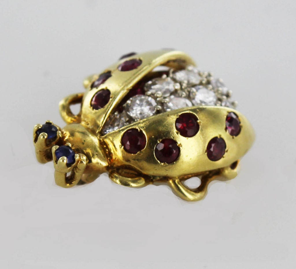 Women's Charming Diamond Ruby & Sapphire Ladybug Brooch