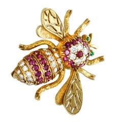 Vintage Amusing Yellow Diamond Ruby Emerald and Gold Fly Pin