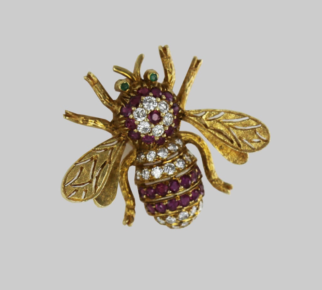 Amusing Yellow Diamond Ruby Emerald and Gold Fly Pin