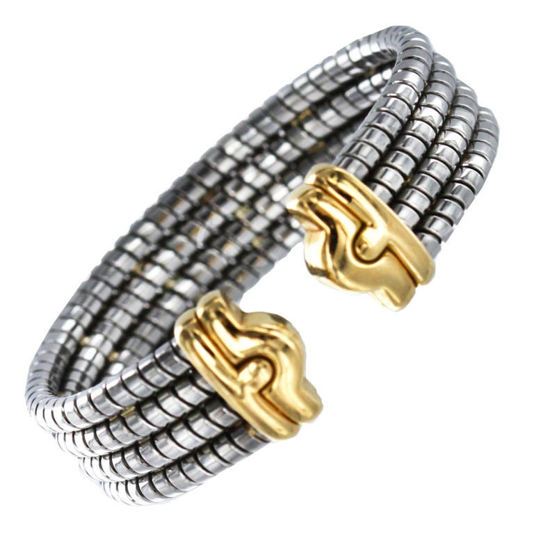 BULGARI Tubogas Gold and Stainless Steel 80's Cuff Bracelet at 1stdibs