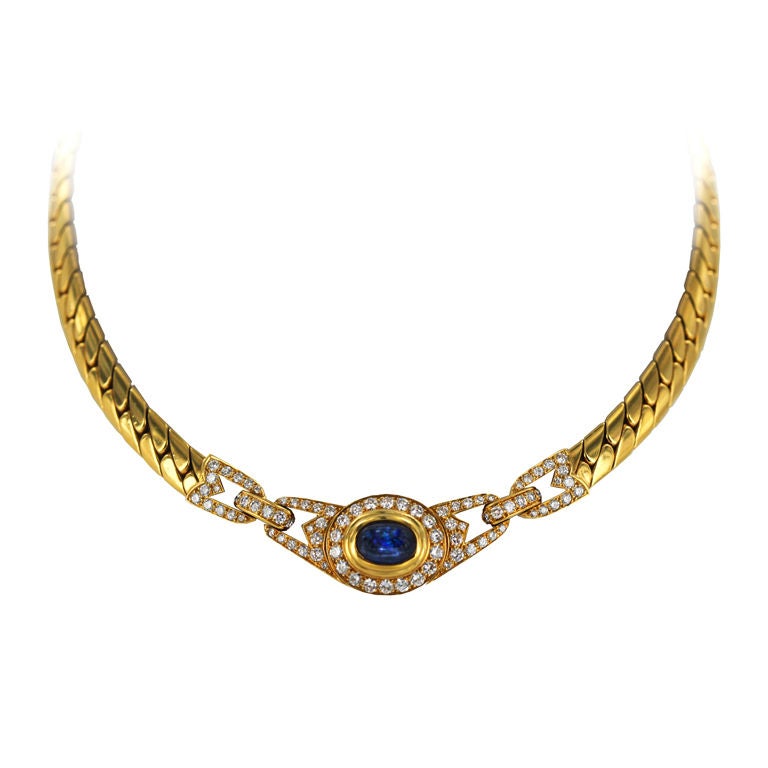 CARTIER Diamond Cabochon Sapphire Gold Necklace For Sale
