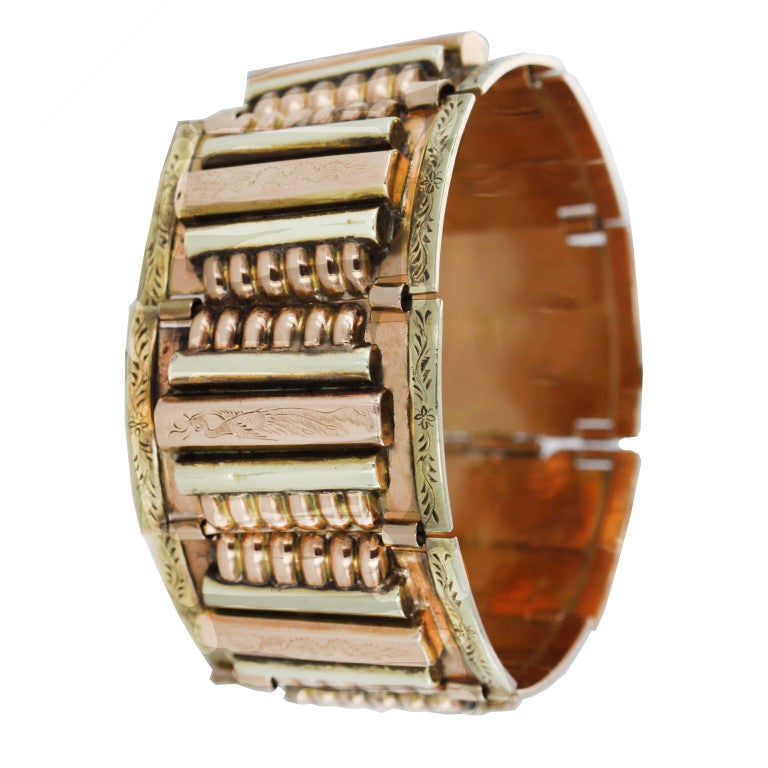 Wide Dragon and Phoenix Engraved Tri-Color 1940's Gold Bracelet