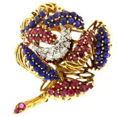Fabulous Fifties Gold, Diamond, Lapis and Ruby Flower Brooch
