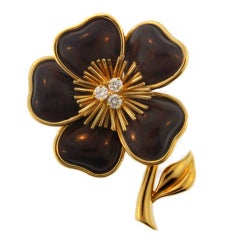 VAN CLEEF & ARPELS  “Rose De Noel" Diamond, Gold and Wood Brooch