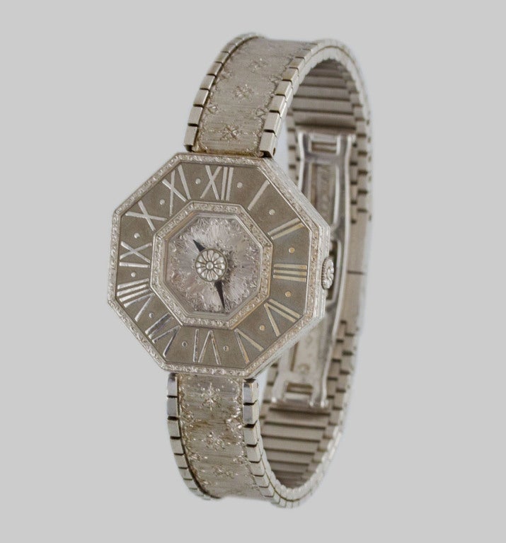 From Buccellati, this elegant 18K white gold Oktachron watch has an octagonal dial with oversized Roman numerals and bracelet with double folding clasp. Quartz movement. Numbered 50/100.