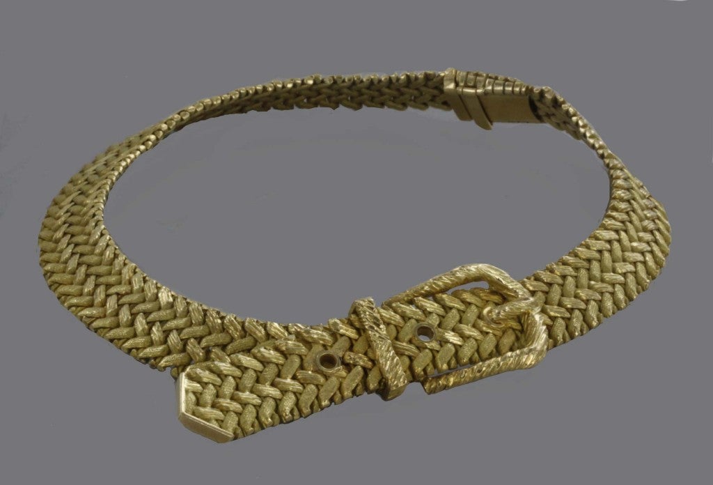 This rare and fabulous woven 18K gold buckle necklace is a choker made in the 1960's for Hermes by Georges Lenfant. Sized to fit a small neck.