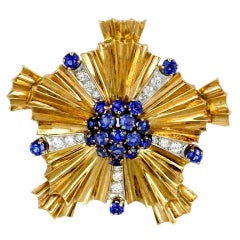 TIFFANY & CO. Retro Diamond Sapphire Gold Starburst Brooch