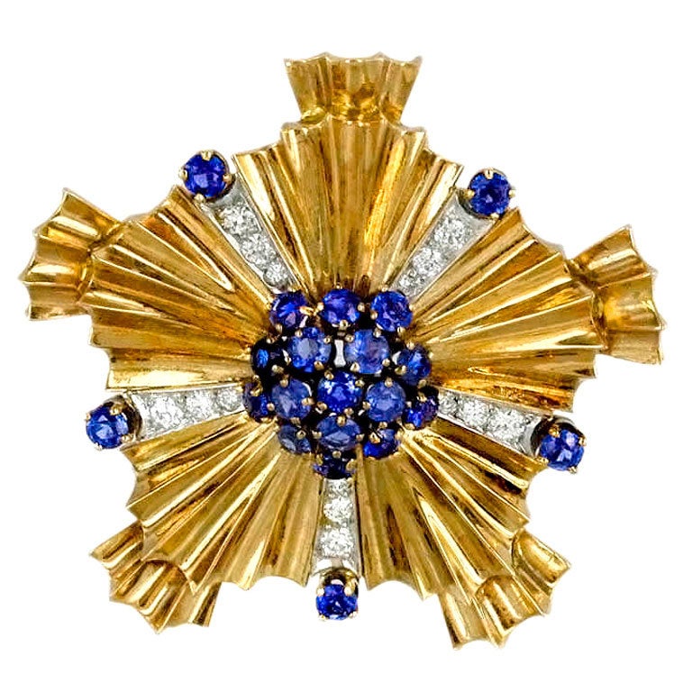 TIFFANY & CO. Retro Diamond Sapphire Gold Starburst Brooch For Sale