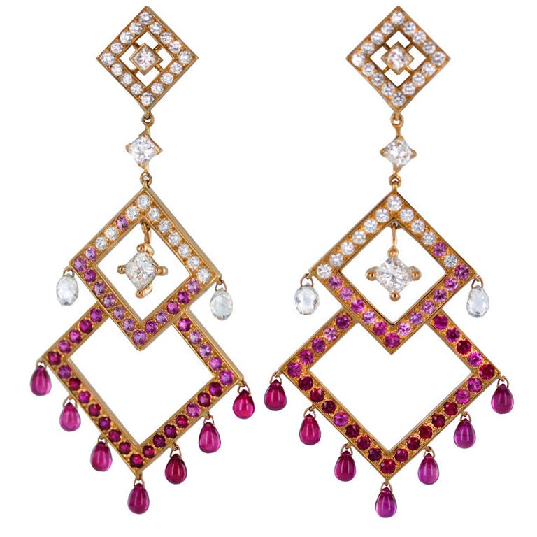 BOUCHERON Fabulous Diamond Ruby Sapphire Chandelier Earrings For Sale