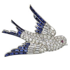 Fine 50's Platinum, Diamond and Sapphire Bird In Flight Brooch