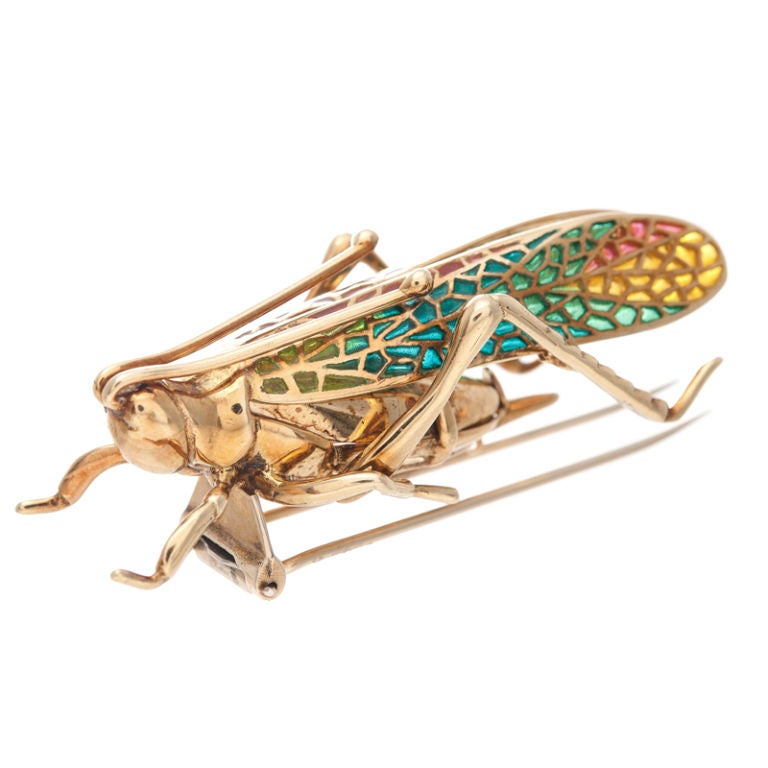Plique-A-Jour Enamel & Yellow Gold Grasshopper Brooch
