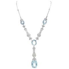 Vintage Fabulous Aquamarine & Diamond White Gold Necklace