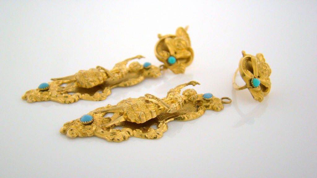VICTORIAN "Ballerina" Yellow Gold Turquoise MultiLength Earrings