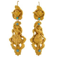 Antique VICTORIAN "Ballerina" Yellow Gold Turquoise MultiLength Earrings