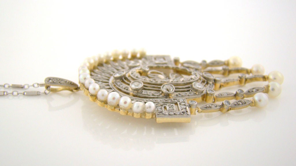 Women's Edwardian Platinum, Diamond & Pearl Pendant