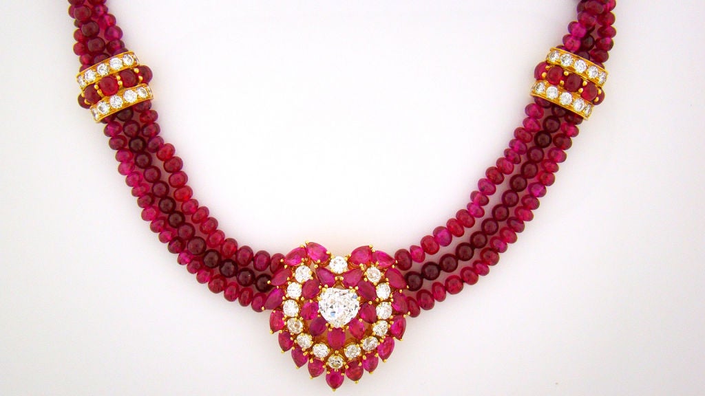 Women's Burmese Ruby & Diamond Bead Necklace & Earring Suite