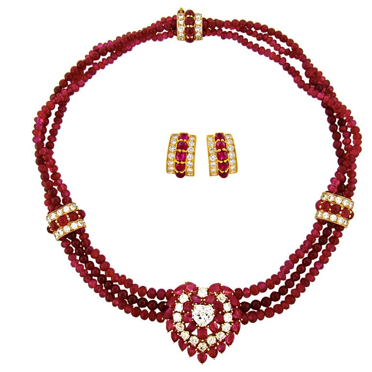 Burmese Ruby & Diamond Bead Necklace & Earring Suite