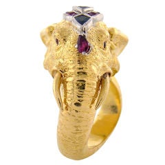 Yellow Gold, Platinum, Ruby & Sapphire Elephant Art Ring