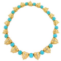 Turquoise, Diamond, Yellow Gold and Platinum Leaf Necklace