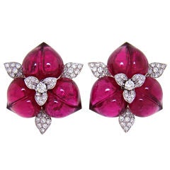 Hand Carved Rubellite, Diamond & White Gold Earrings by Ambrosi