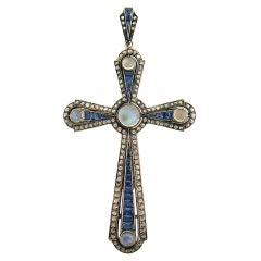 Antique Victorian Moonstone, Sapphire, Diamond Silver/Gold Pendant Cross