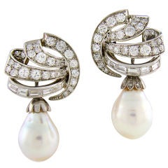 1950's Pearl, Diamond & White Gold Handmade Day & Night Earrings