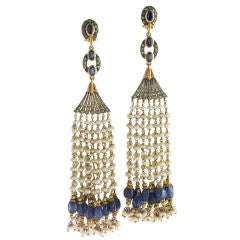 Antique Victorian Natural Pearl, Diamond & Sapphire Chandelier Earrings