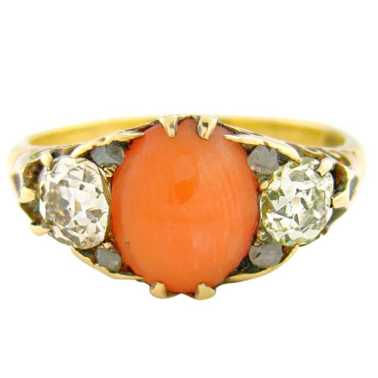 Origina Victorian Coral, Antique Cut Diamond & Yellow Gold Ring
