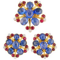 Aletto Bros Sapphire, Ruby & Diamond Earring & Brooch Suite